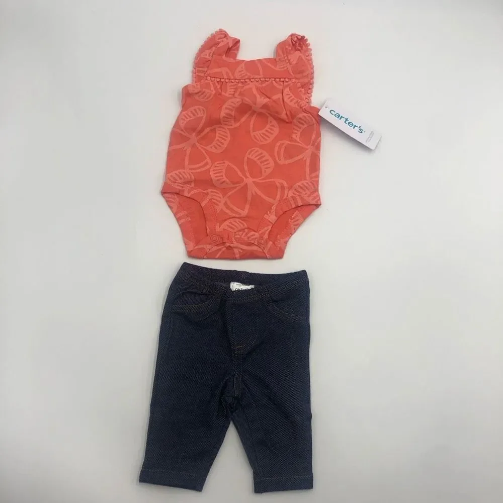 New Carter’s Coral Butterfly Bodysuit & Navy‎ Denim Pants For Newborn Girl